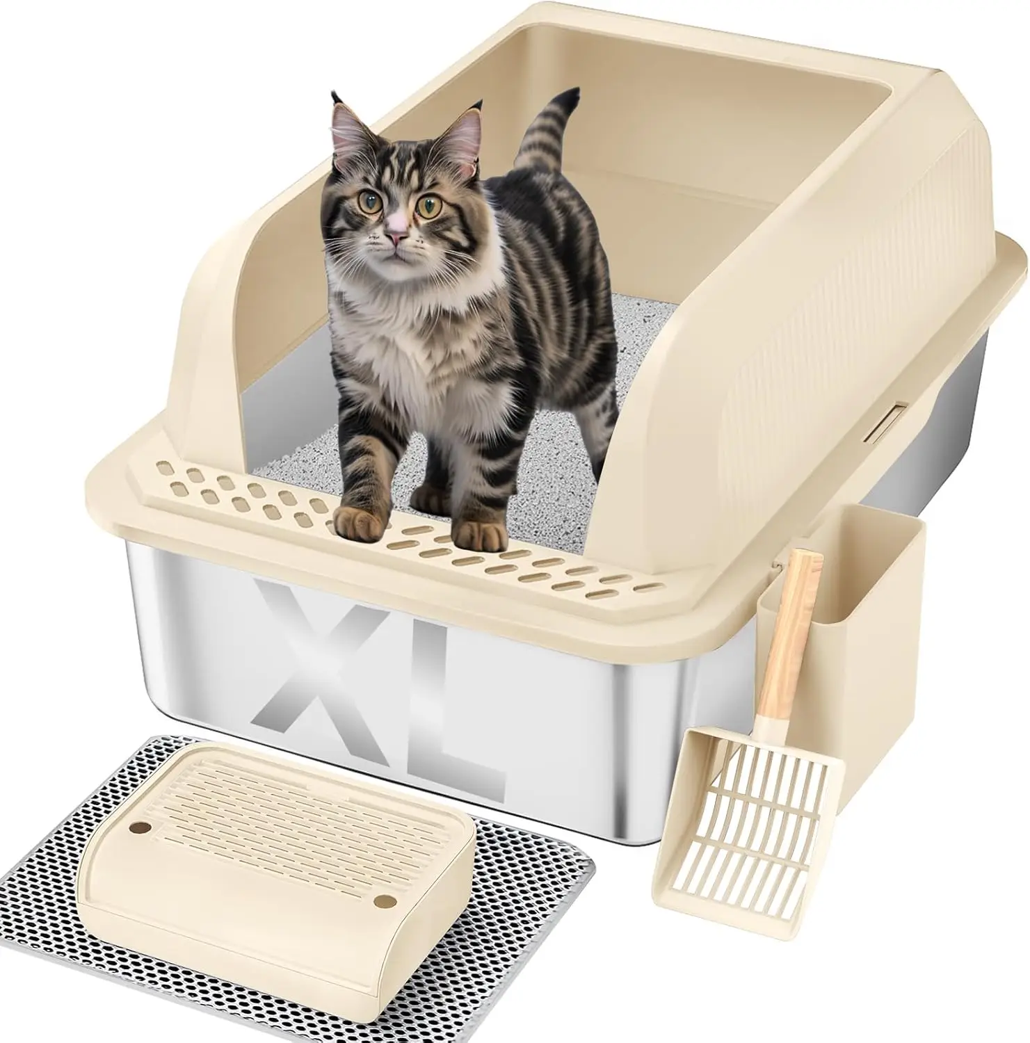 

XL Stainless Steel Cat Litter Box with Lid, Anti-Leakage, Non-Stick, Easy Clean, Includes Scoop & Mat