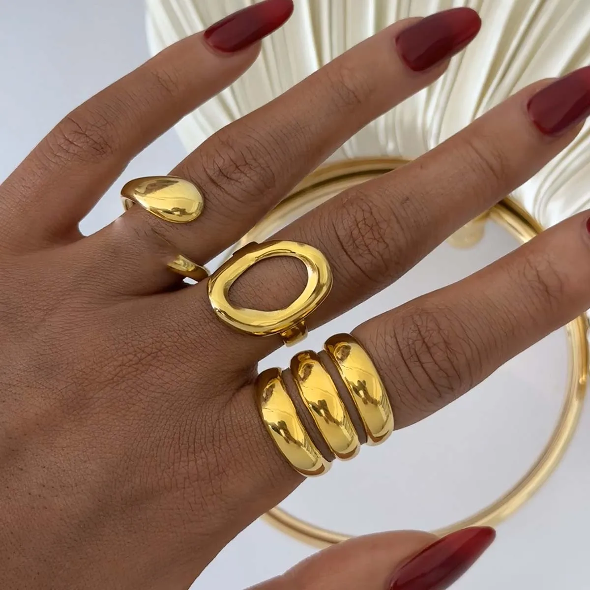 Anillos de apertura huecos circulares de acero inoxidable para mujer, anillos de Metal de borde ancho multicapa Punk, joyería de Navidad, regalo al por mayor