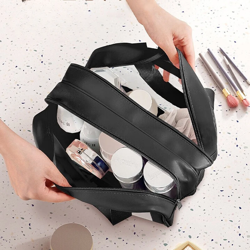 PU Waterproof Cosmetic Bag Large Capacity Dry and Wet Separation Toiletry Bag Portable Cosmetics Double-layer Storage Bag