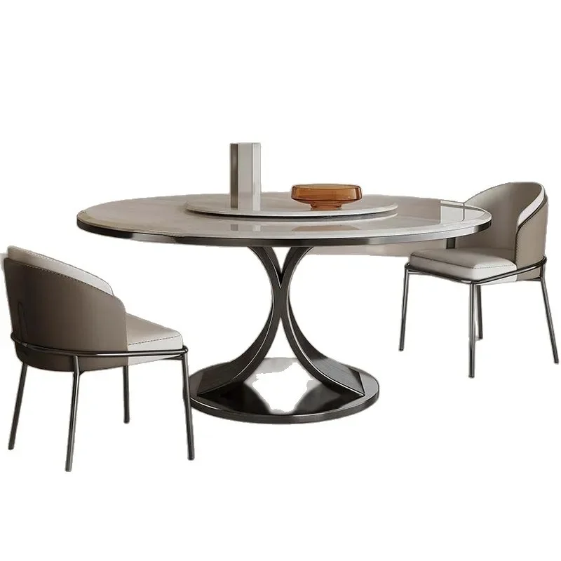 

Natural rock slab spar dining table turntable small apartment round marble dining table and chairs microcrystalline stone