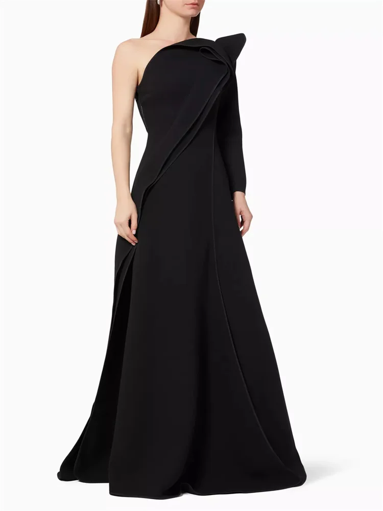 New Product One Shoulder Neckline Ruffle Detail A-Line Evening Dress Sexy Back Zipper Sweep Train High Slit Gowns For Women 2024