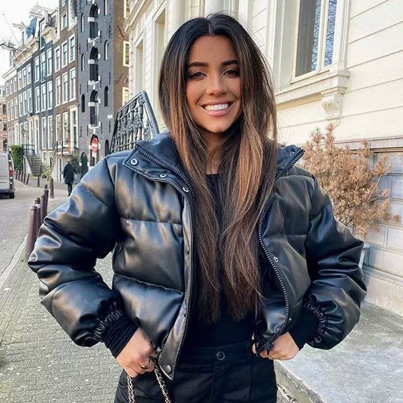 Korean Stand Collar Cropped Jacket Winter Coat Women's Clothing Trend Puffer Jackets Warm Streetwear Knit Patchwork Long Sleeve