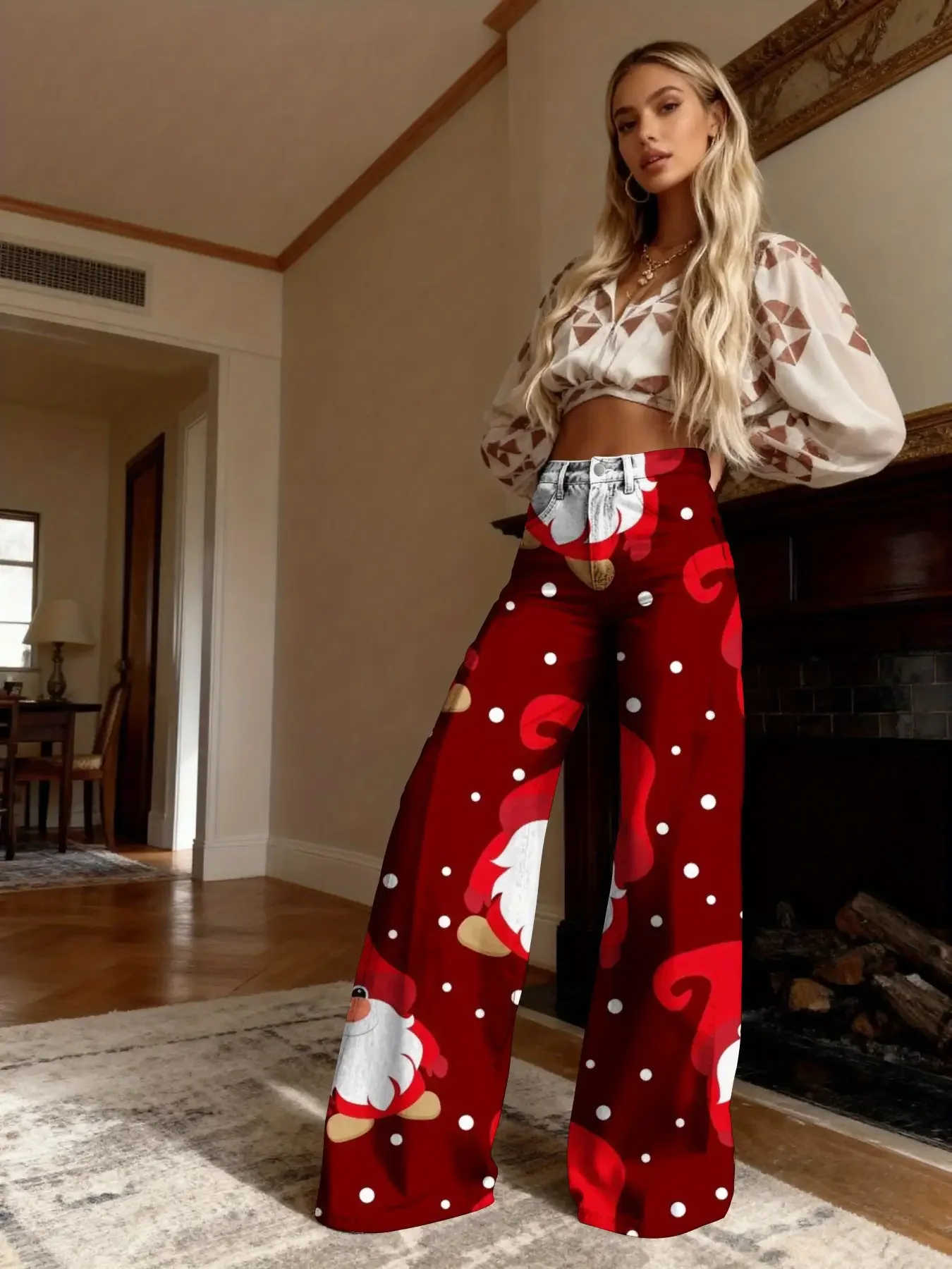 Women's slim fit wide leg flared pants, Full of Christmas elements! Women's loose flared imitation jeans