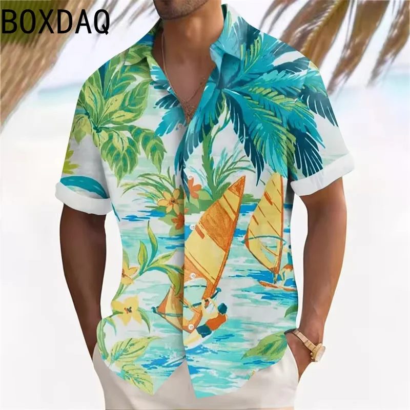 Tropical Hawaiian Beach Coconut Tree Print Shirt Men's Summer Short Sleeved Lapel Casual Tops Big Size Men Vacation Style Blouse