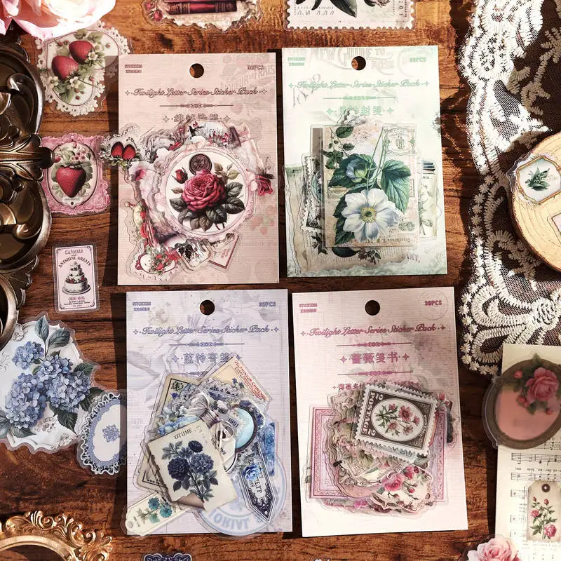 30 pcs Nostalgic Vintage Floral Stickers, Bouquet Element Journal Handicraft Materials