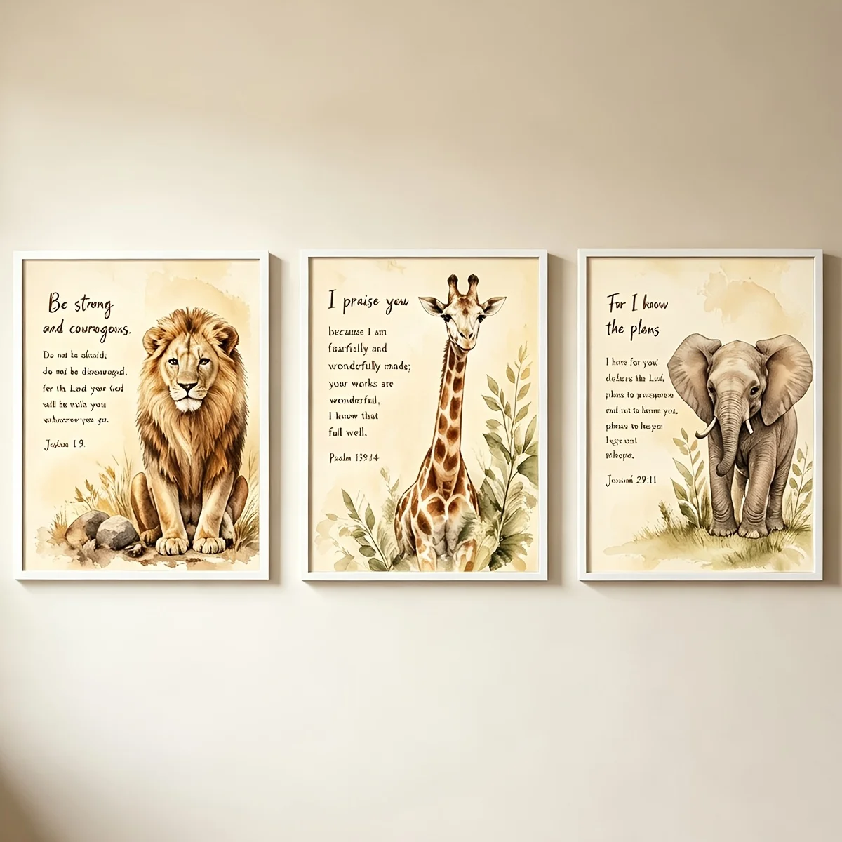 （NO Frame 3PCS）-2D Flat, Posters And Prints Set of 3 Watercolor Safari Animal Bible Verse Wall Art, Lion Giraffe Elephant Scr