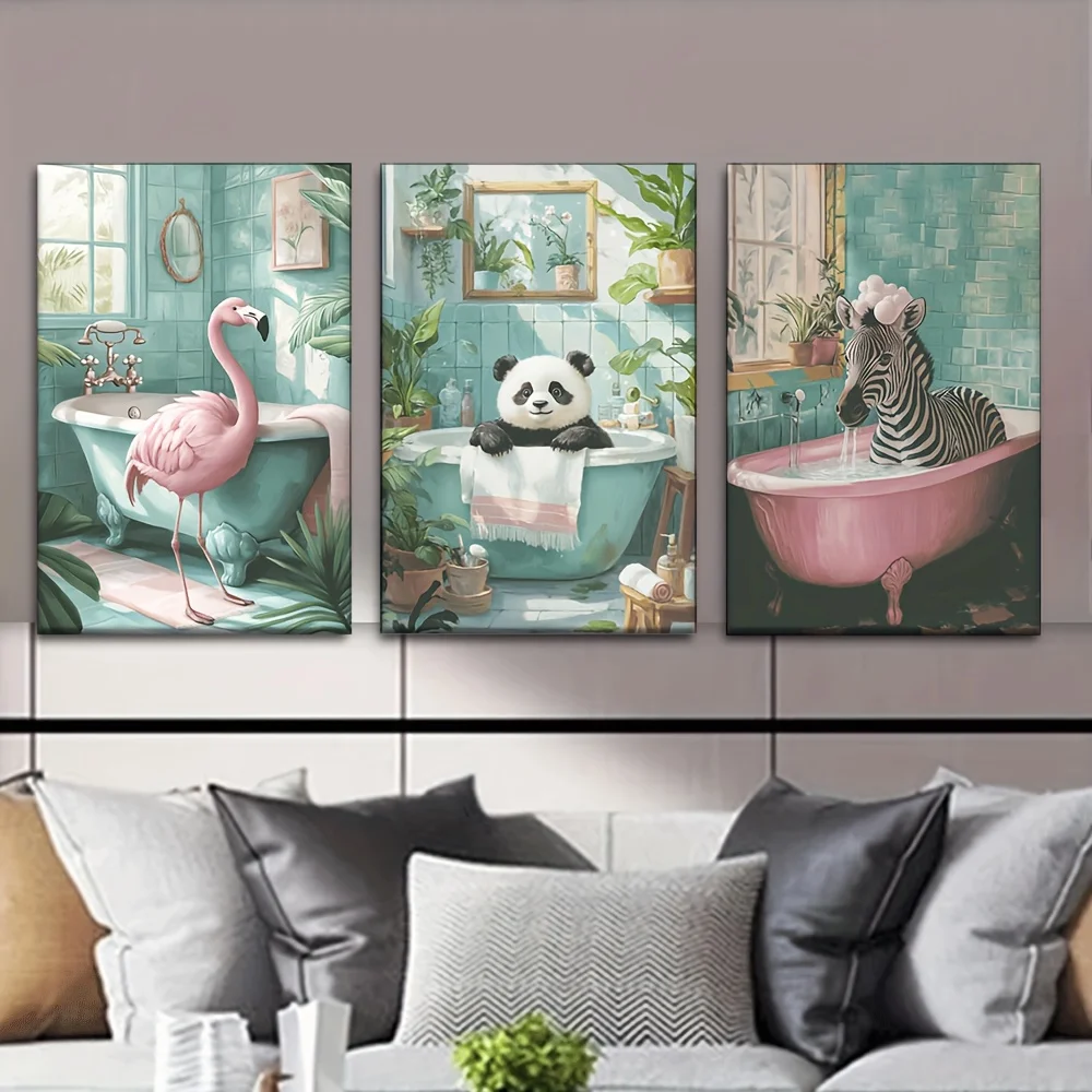 (No frame)2D 3pcs/Set, Canvas Painting--Unframed, Cute Bathroom Flamingo, Panda, Zebra Oil Painting Style, Artist Drawing Set