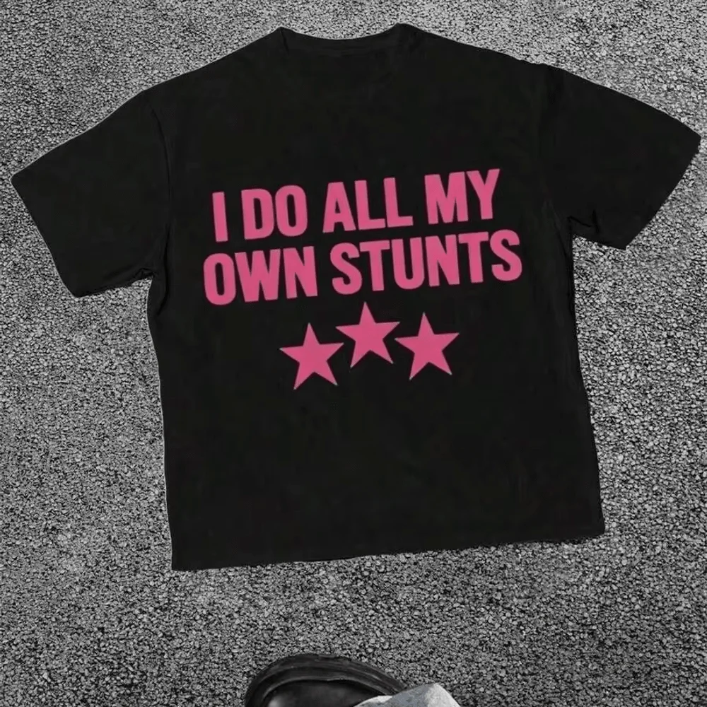 I Do All My Own Stunts & Pink Star Graphic Tee For Women Plus Size, Pure Cotton Soft Crew Neck Short Sleeve Casual T-Shirt
