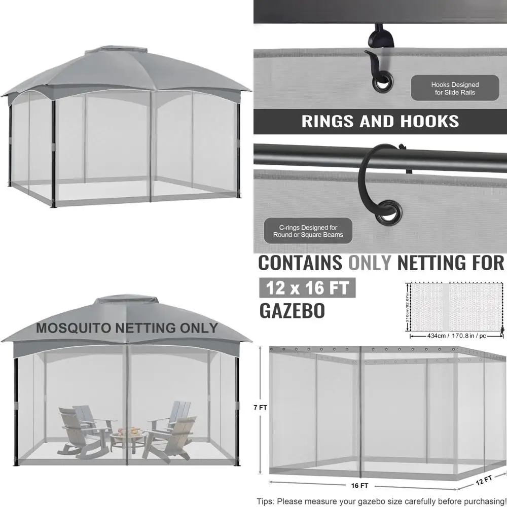 

Universal Gazebo Replacement Netting Screen, 12x16 Feet, 4-Panel Mosquito Sidewalls, Double Zipper Outdoor Protection