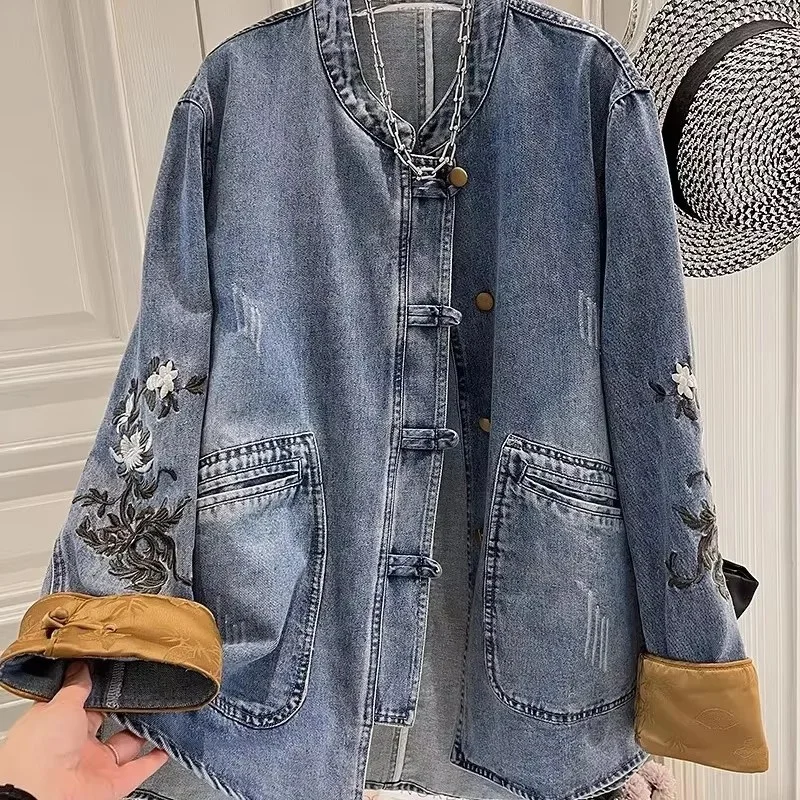

Женская ковбойская куртка с вышивкой, свободная джинсовая куртка в китайском стиле для отдыха, верхняя одежда свободного покроя на весну и осень