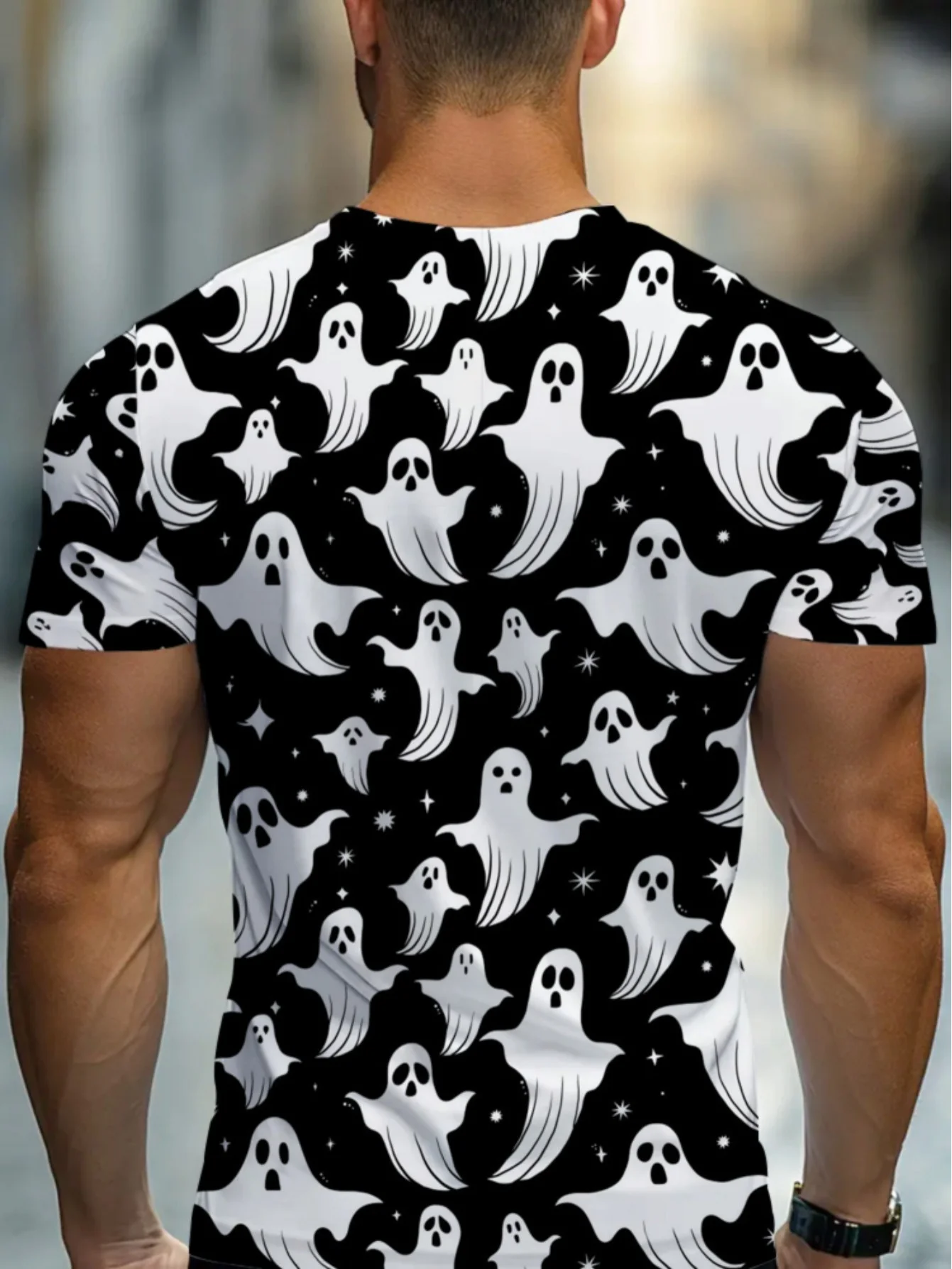 Men Fashion Ghost Print T‑Shirt, Halloween Spooky Ghost Star All‑Over Art Short Sleeve Crew Neck Party Casual Tee