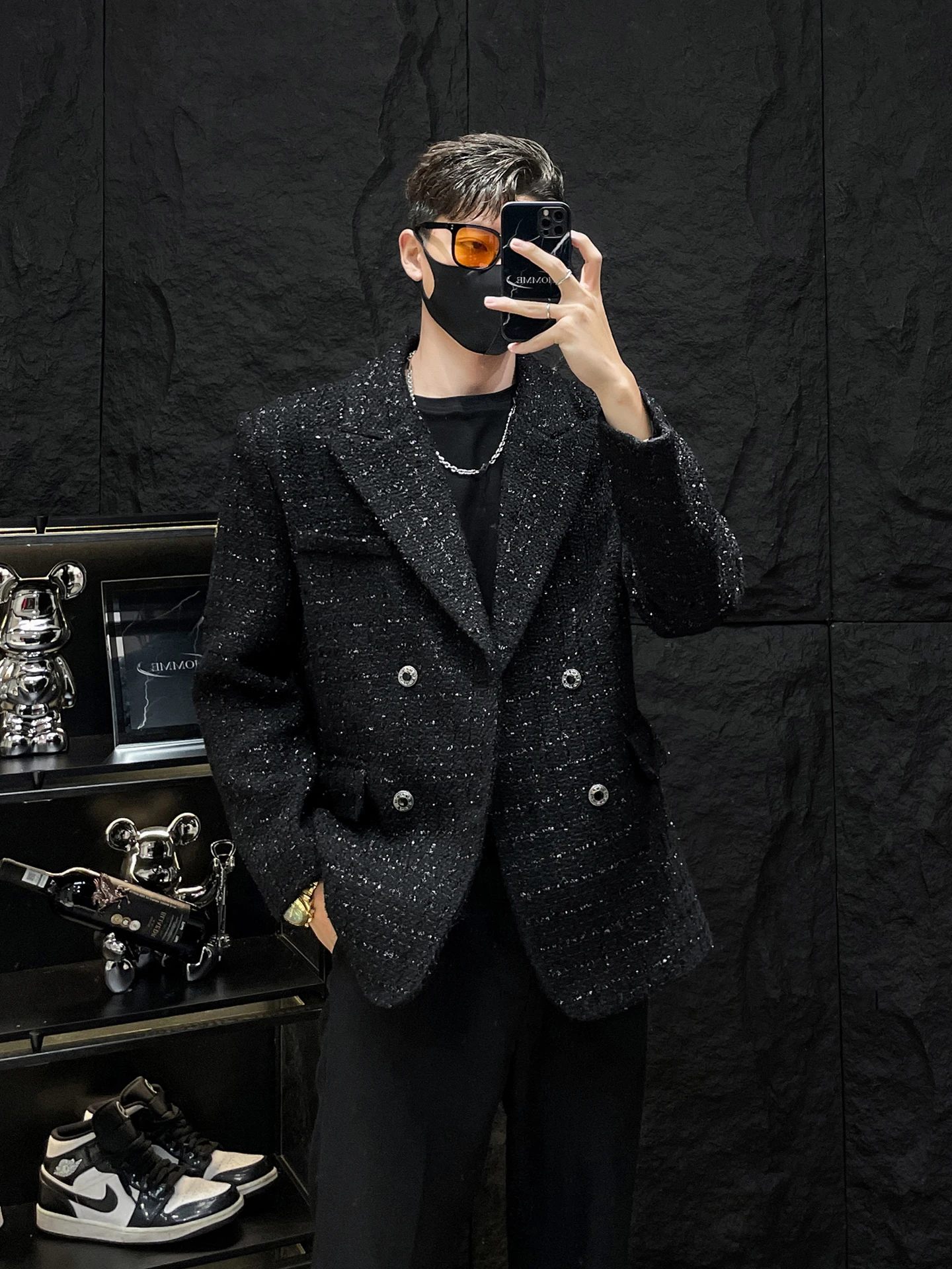 

HOMME Men's Autumn Winter Tweed Jacket Double Row Buttons Shiny Sequin Luxury Lightweight Coat Casual Classic Collar Long Sleeve