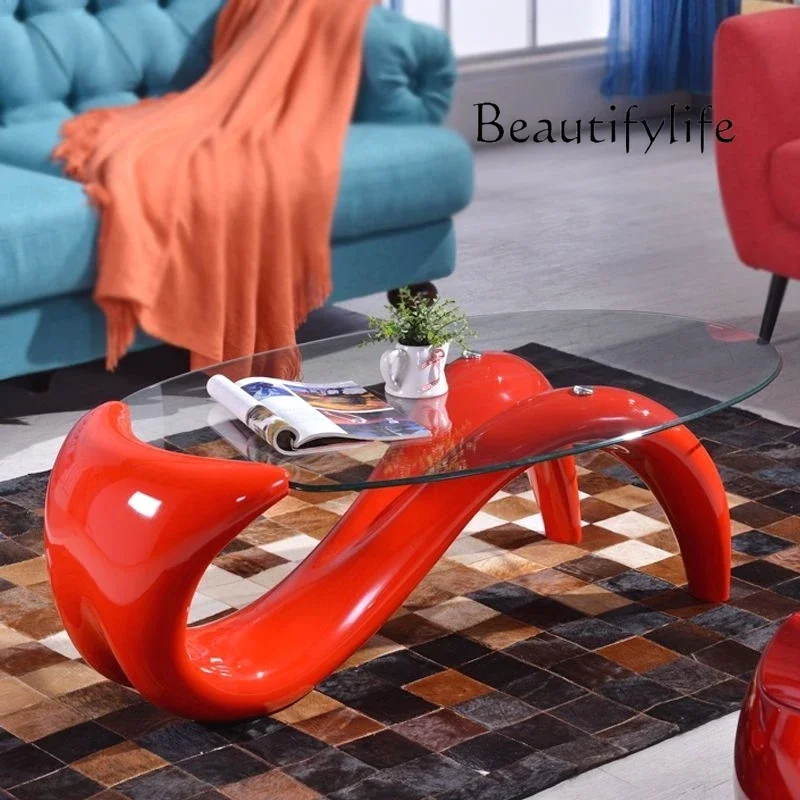 BJ Living Room Modern Tempered Glass Coffee Table Creative Personality Oval Small Apartment Leisure Designer