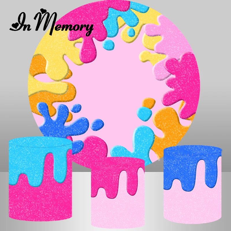 Pink Blue Yellow Colorful Slime Party Round Backdrop Cover Girl Candy Birthday Party Background Plinth Covers Elastic Customized