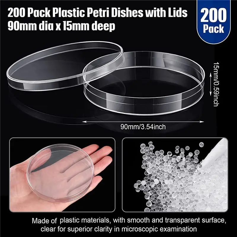 【~ NEW A43I】200 Pack Sterile Plastic Petri Dishes with Lids 90Mm Dia X 15Mm Deep Clear Thick Science Dish Lab Cell Culture Dishe