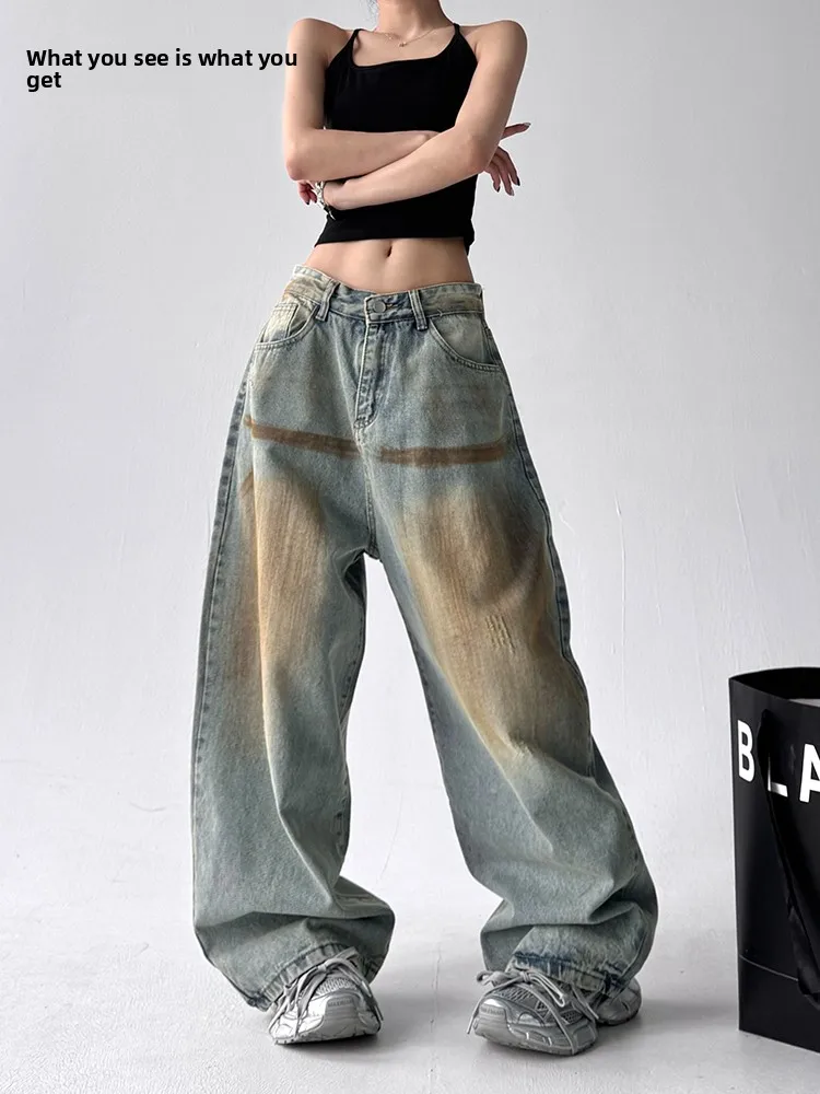 

Американские джинсовые повседневные брюки с талией в стиле ретро, женские прямые джинсы большого размера в стиле хип-хоп, хлопковая эластичная ткань