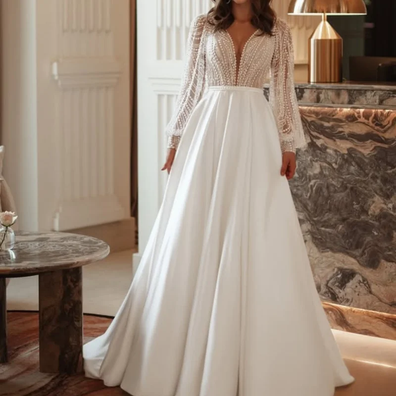 Vestidos de casamento brancos brilhantes fora do ombro o espartilho rendas mangas compridas sem costas vestidos de noiva multi-camada feita