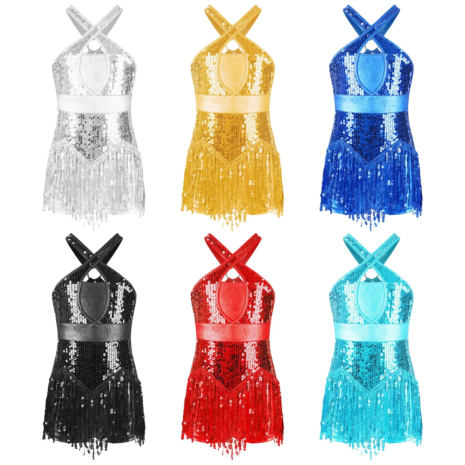 Kids Girls Fringed Latin Dance Leotard Dress Sparkly Sequins Tassel Bodysuit Cha-Cha Jazz Dance Performance Costume Dancewear