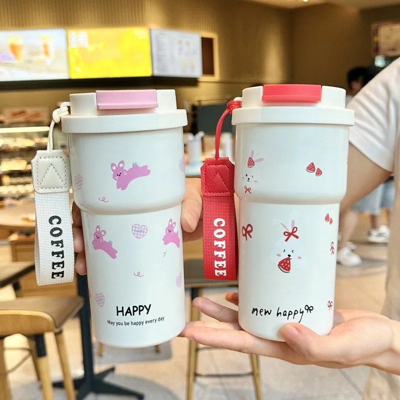 

Cute Thermos Bottle For Girls Coffee Cup With Straw Hot and Cold Drink 316 Stainless Steel Vacuum Tumbler Outdoor Car Ice Cup