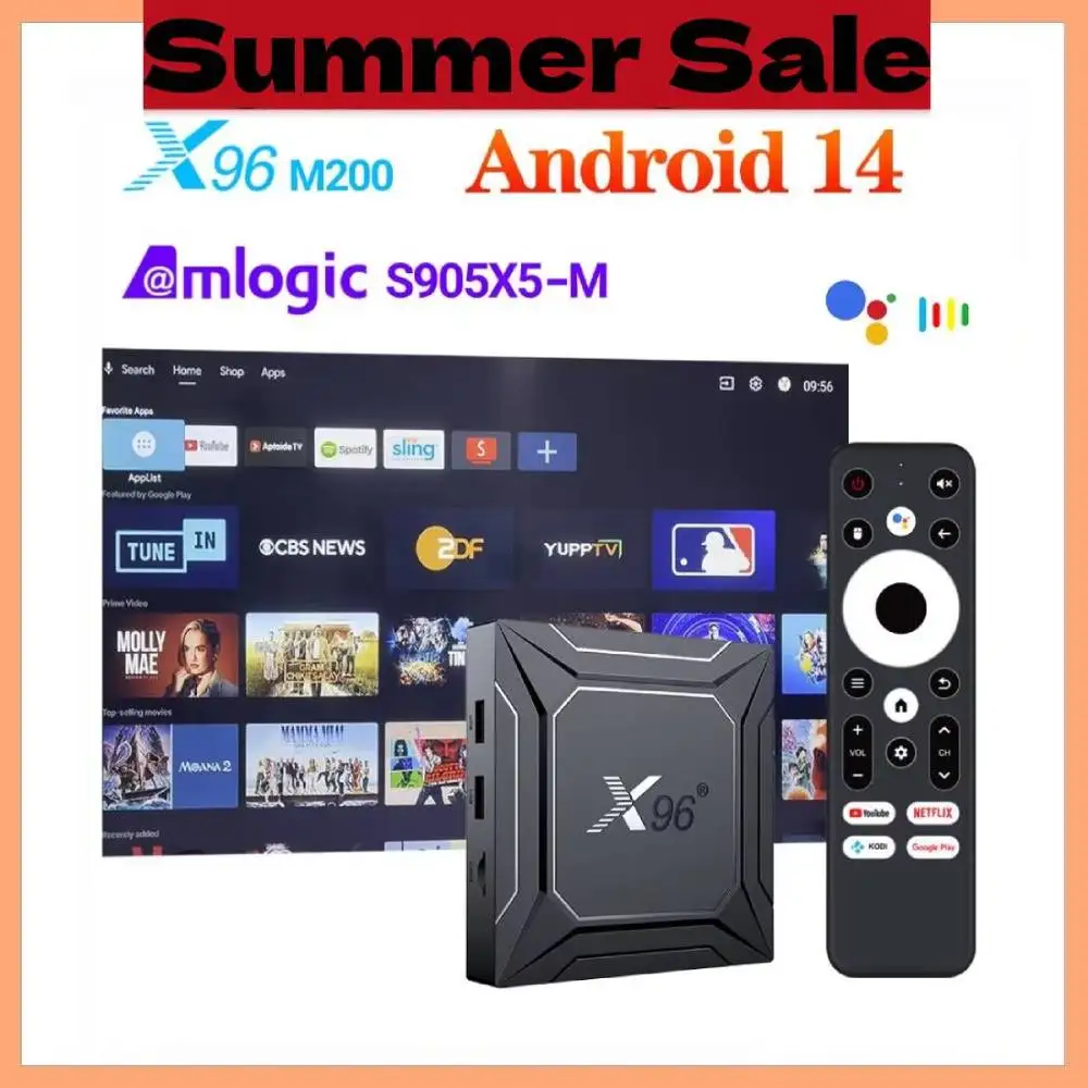 X96 M200 TV Box Android 14.0 Amlogic S905X5M رباعي النواة مدمج في AI-SR AV1 4K ULTRA HD 1000 LAN Dual Wifi Android 14 Set Top Box