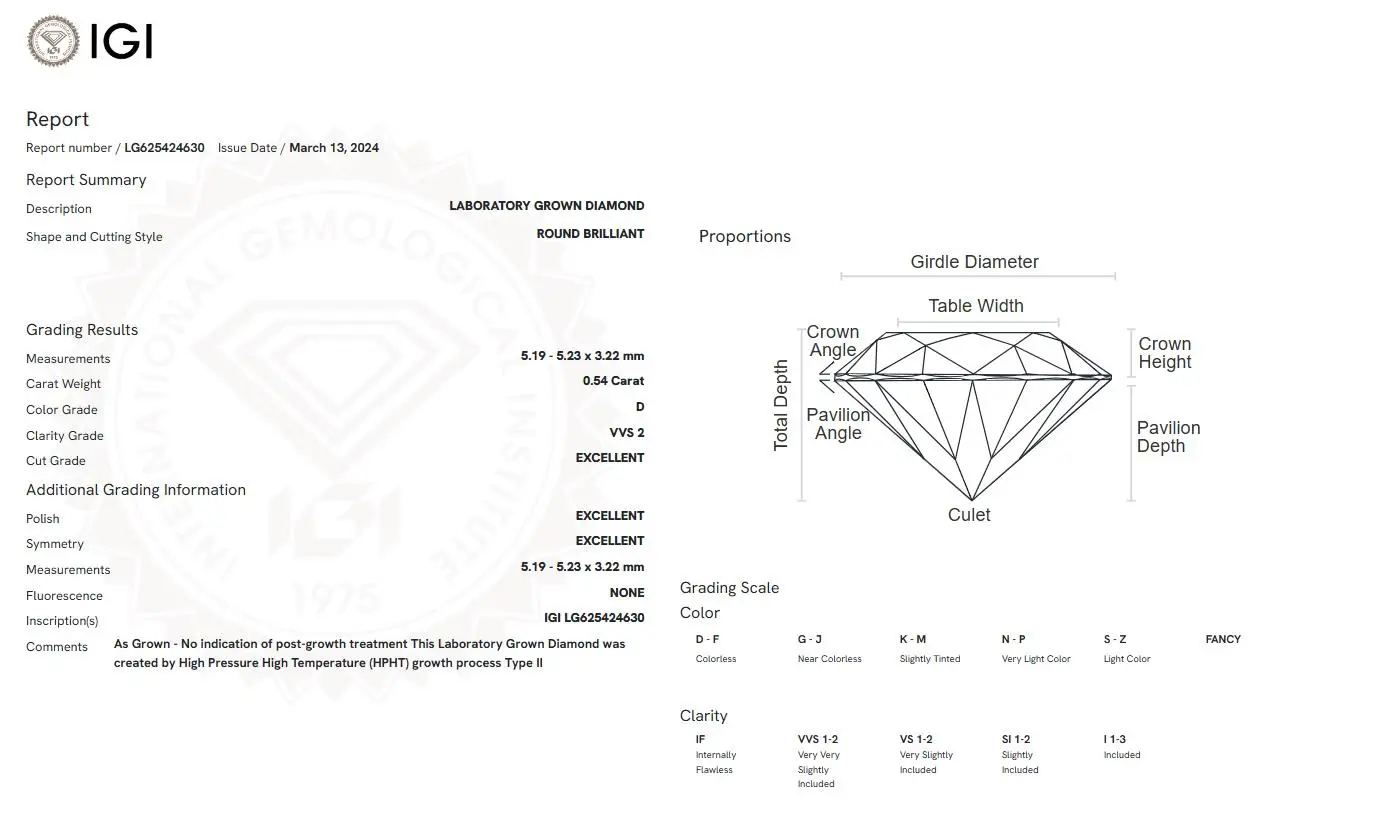 0.54 CT Round Cut IGI Certified D Color VVS2 Clarity Lab Grown Diamond CVD HPHT Loose Diamond