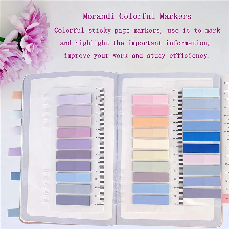 2400 Uds. Pestañas de índice adhesivas, 4 hojas de pestañas de índice de tira Morandi, notas adhesivas de página grabables con regla para marcar páginas