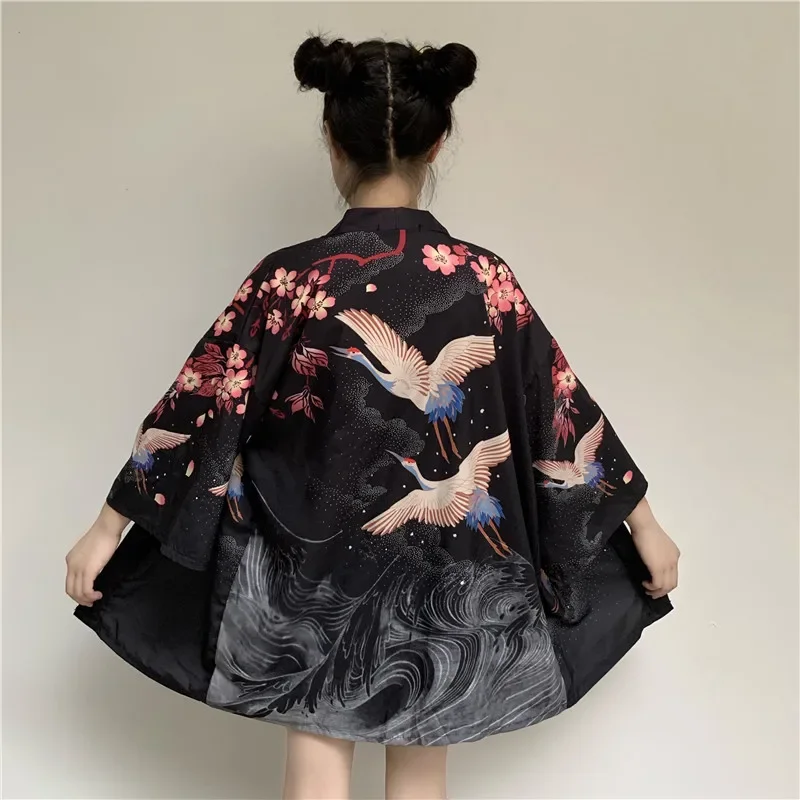 

Fashion Swan Print Black Japan New 2020 Loose Summer Beach Cardigan Women Harajuku Japanese Kimono Style Tops Blouse Clothing