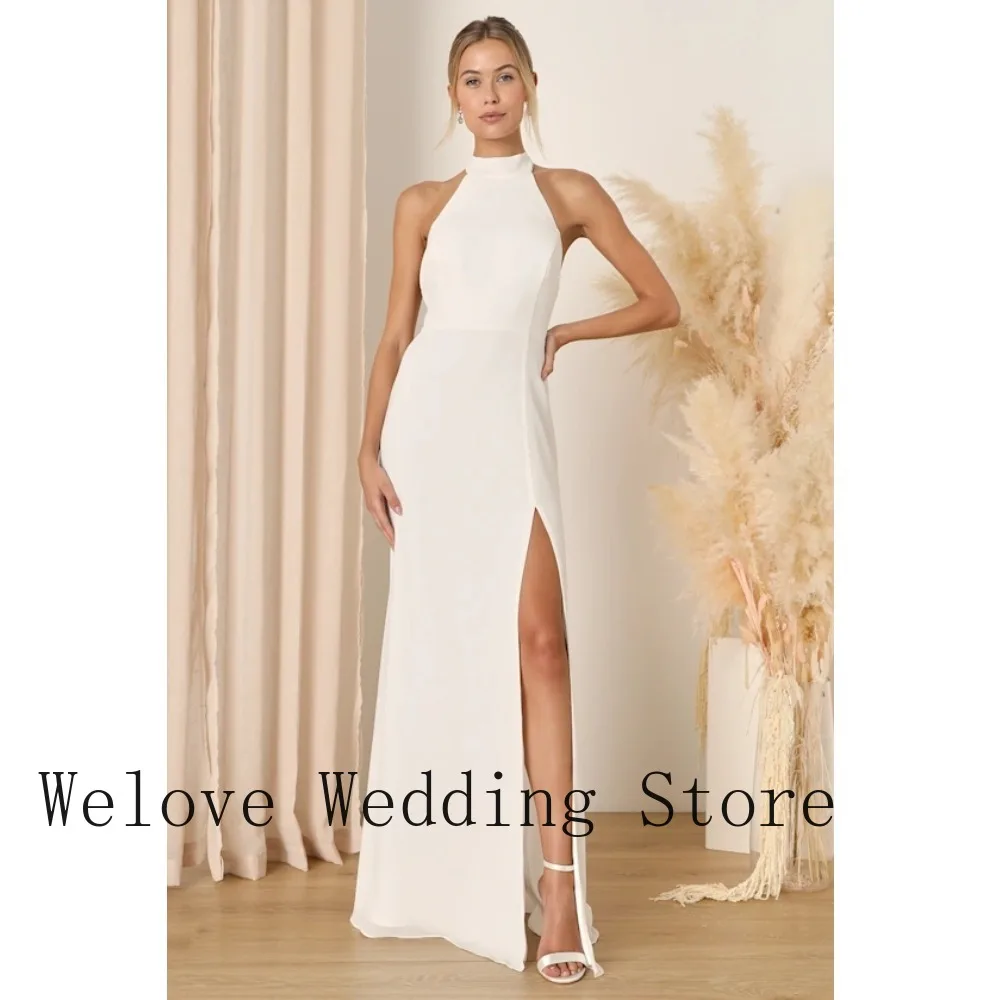 

White High Neck Halter Maxi Dress Sleeveless Side Slit Chiffon Fabric Formal Wedding Bridal Shower Engagement Cocktail Dress