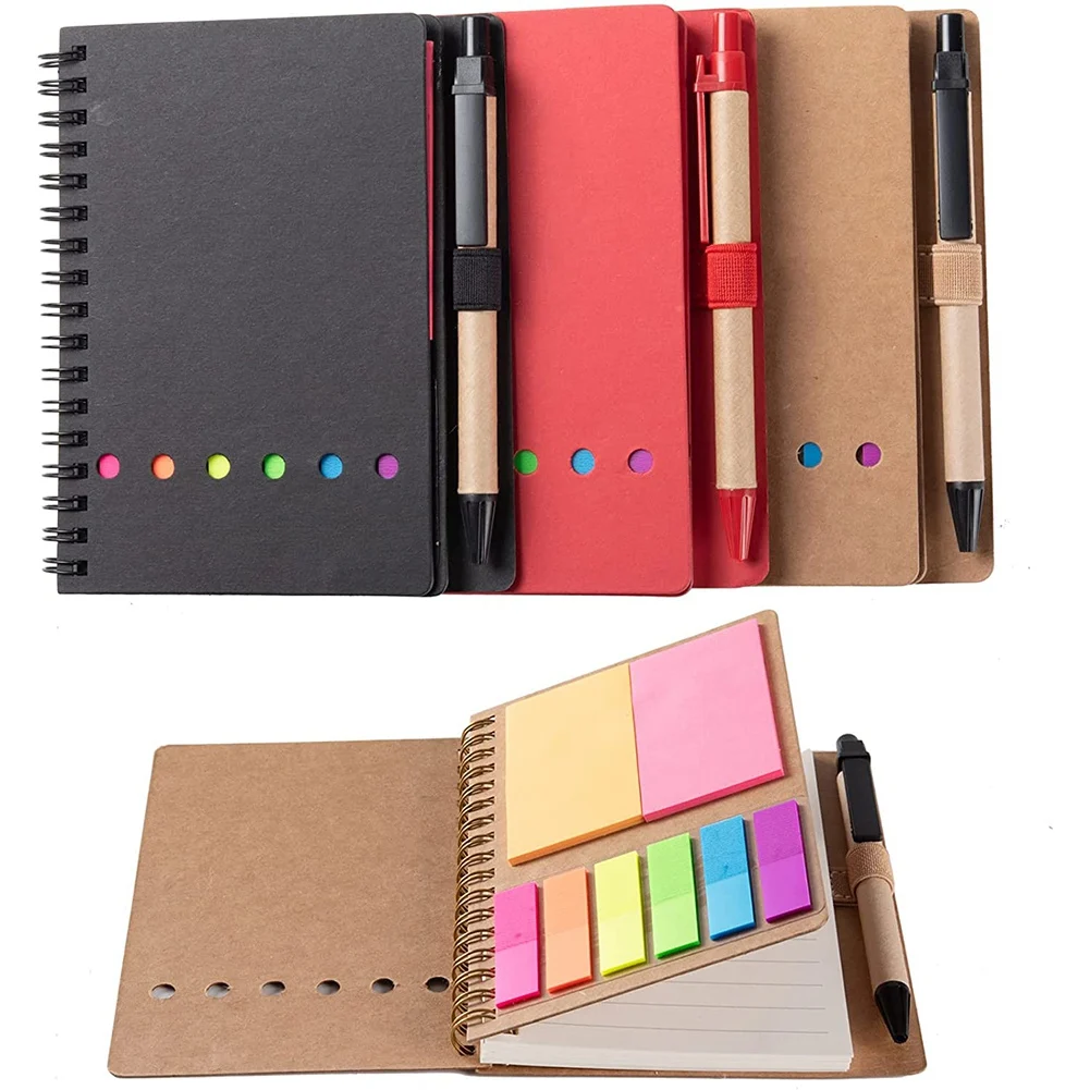 3 แพ็คโน้ตบุ๊คเกลียว Steno Pads เรียงราย Notepad พร้อมปากกาผู้ถือ, Sticky Notes, Page Marker สีแท็บดัชนีธง