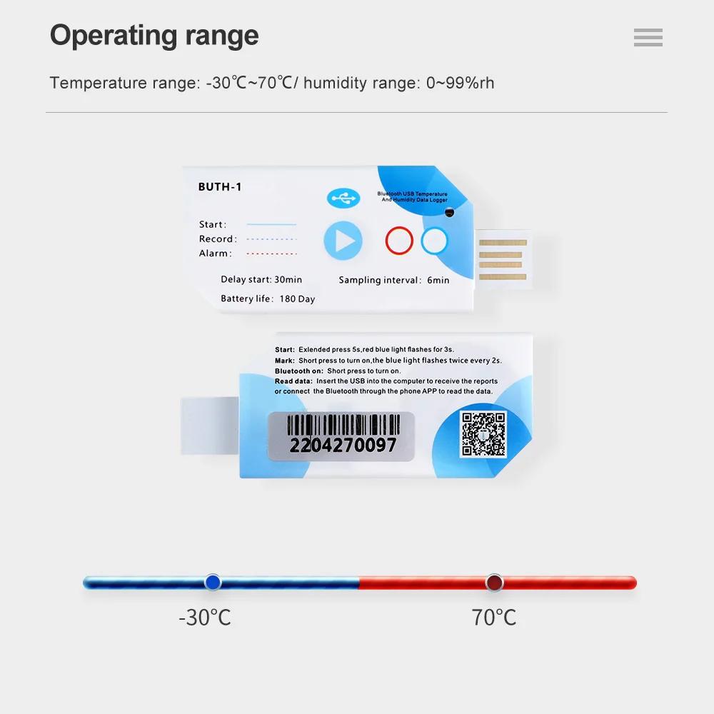 Blue tooth Wireless Temperature Humidity data logger 180days data recorder 32000 Points for Medicine food, chemical Mobile APP