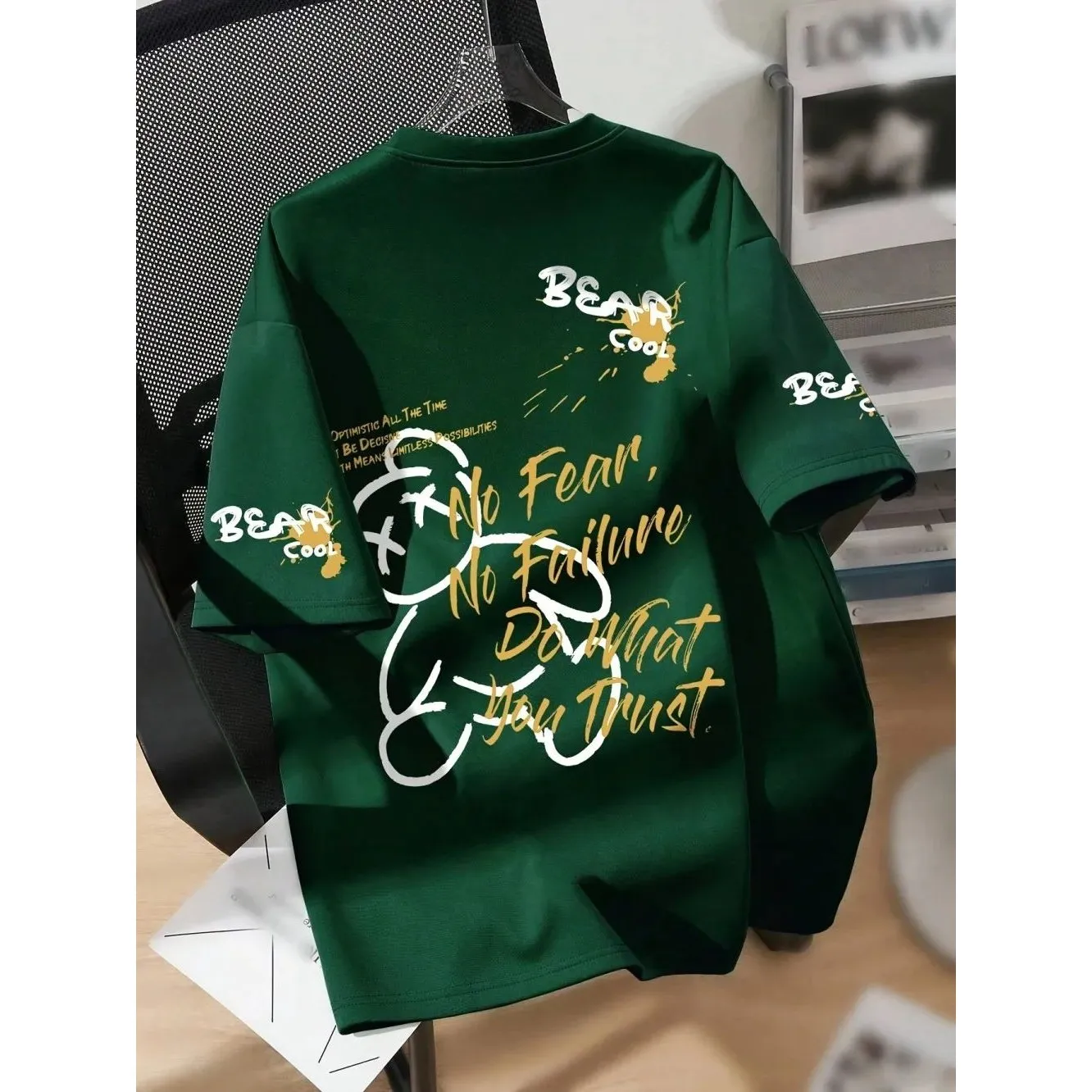 

Мужская летняя дышащая футболка с круглым вырезом и принтом мультяшного медведя, повседневная спортивная одежда с коротким рукавом, удлиненная (7/8 длины), для осени