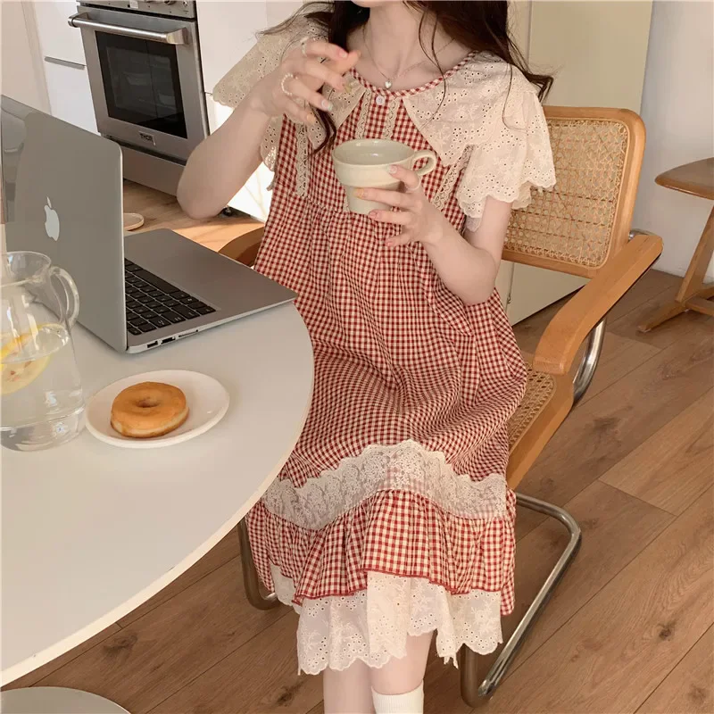 Plaid Retro Elegant Casual NightDress Soft Ruffles Sweet Simple Summer O-Neck Princess Long Sleepwear Cotton Lace Short sleeve