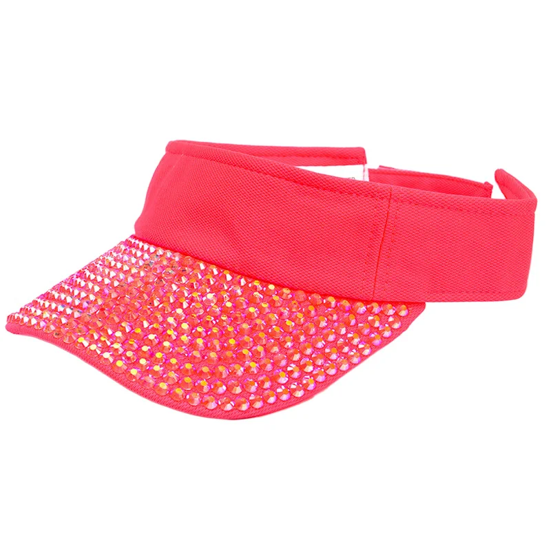 Shiny Rhinestone Neon Orange Sun Visor Cap for Women Summer Swimming Party Dance Team Visors Fluorescent Yellow Pink White Black