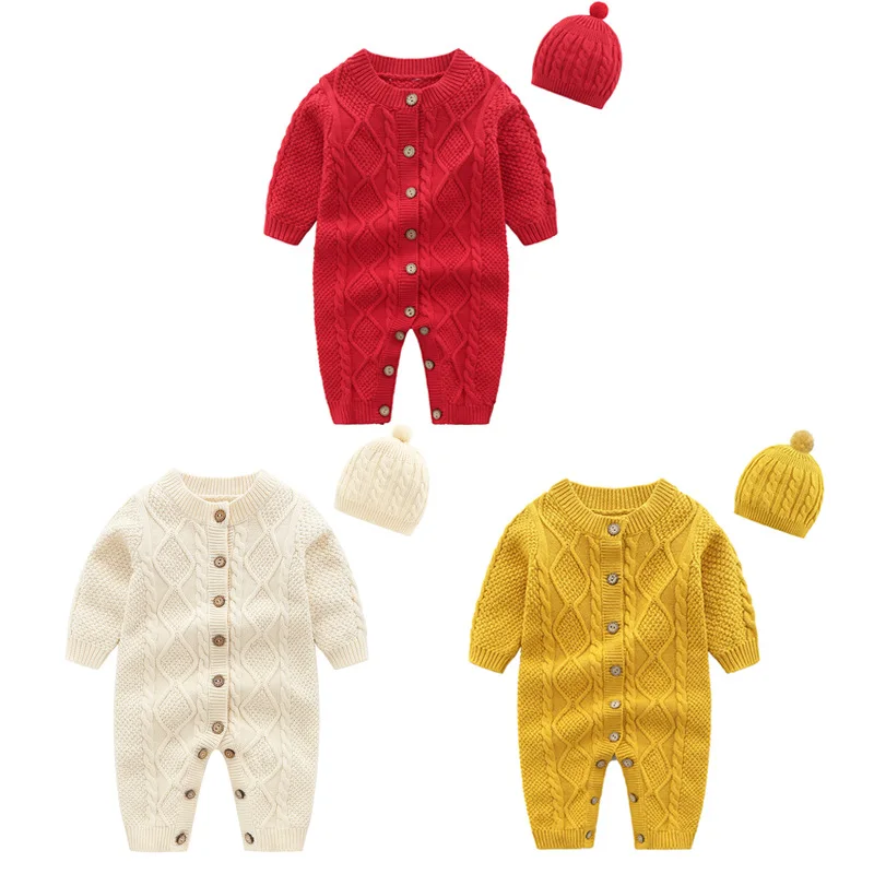 

Autumn Newborn Girl Boy Knitted Jumpsuits Outfits Baby Rompers Caps Clothes Sets Winter Long Sleeve Toddler Infant Overalls 2pcs