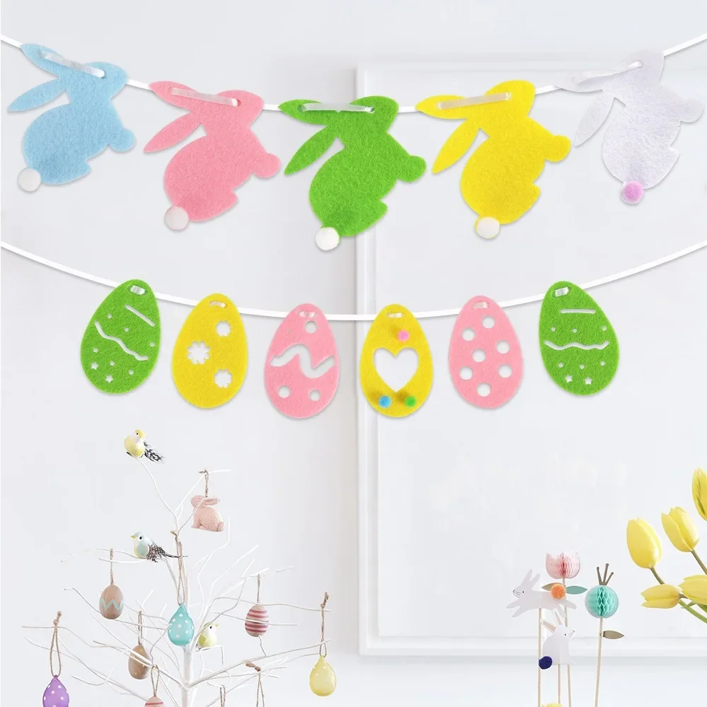 Felt Colorful Egg Rabbit Banner Easter Party Background DIY Non-woven Fabric Chicken Lily Flower Decor Garland Window Sticker