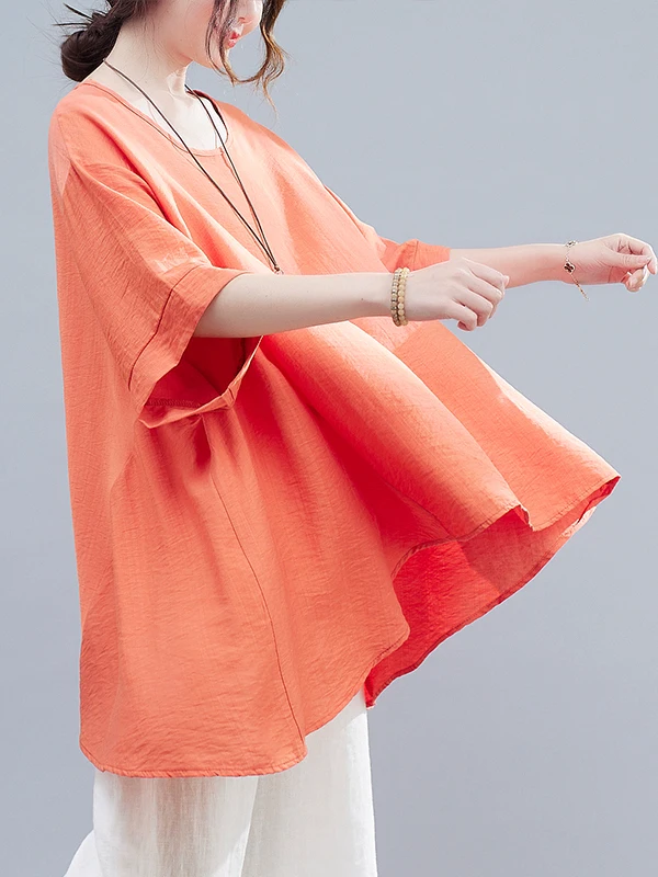 안티에이징 루즈핏 예술적 스타일 플러스 사이즈 여성용 티셔츠, 몸매를 가려주는 슬림핏 탑, 더 젊어 보이는 여름 의류