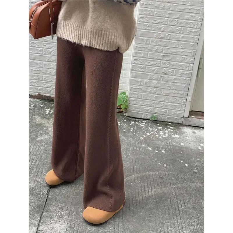 Autumn Winter Knitted Wide Leg Pants Womens Warm Thicken Pantalones Korean Fashion Woolen Oversize Trousers Y2k Clothes Kpop