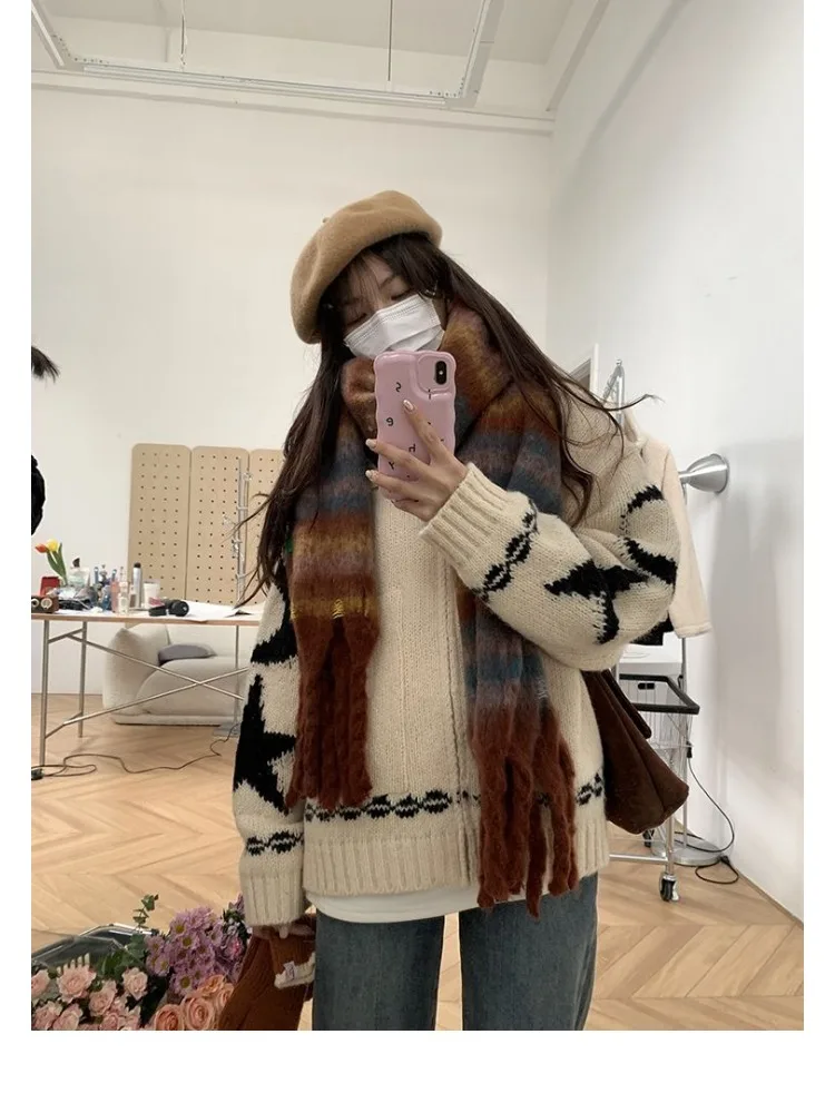 Deeptown Vintage Y2K Beige Star Jacquard Sweater Cardigan Women Harajuku Korean Style Oversize Zipper Jerseys Black Knitted Tops