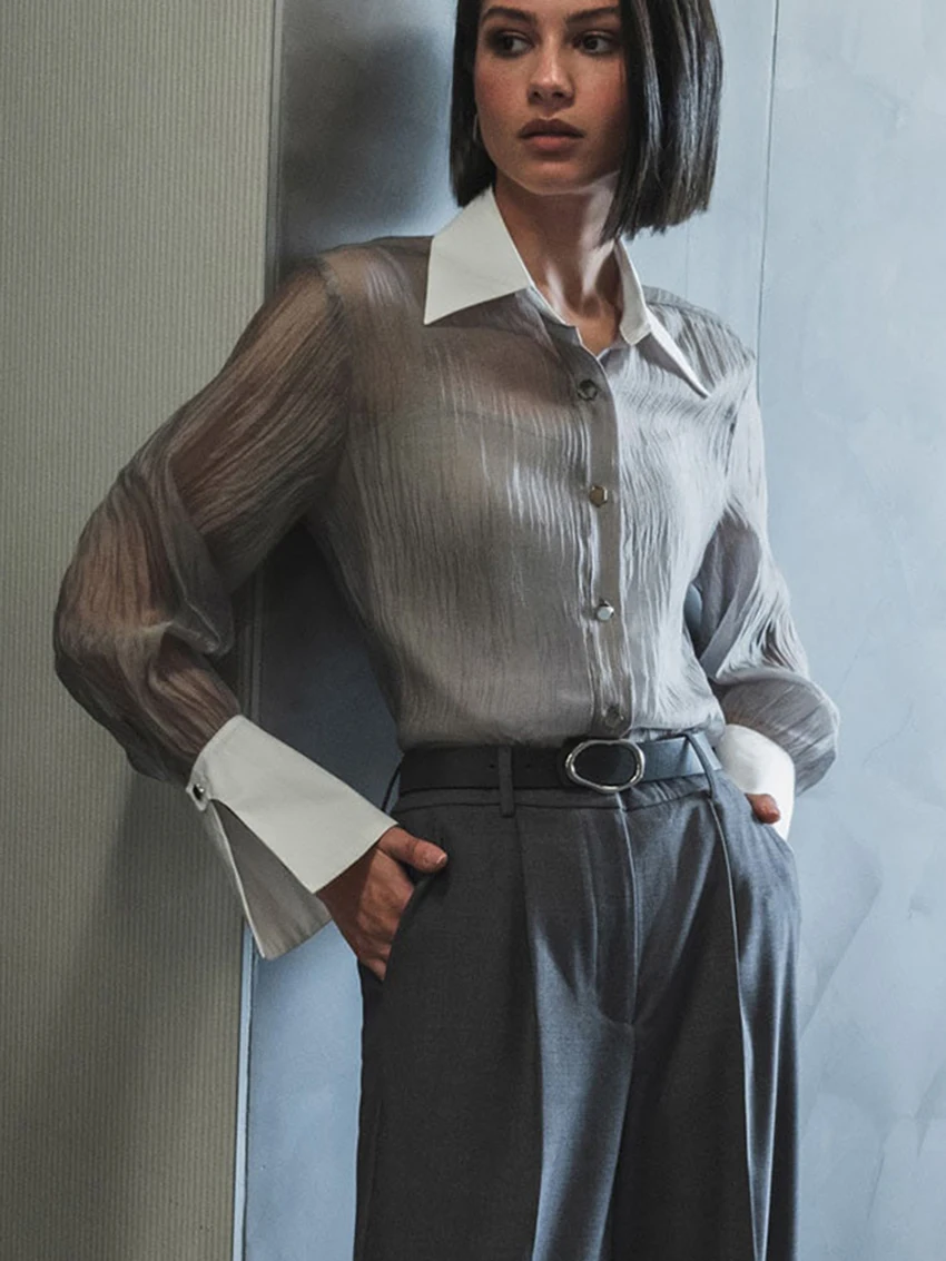 

Parc Fee Fashion Loose Gray Women's Blouse 2025 Casual Lapel Long Sleeve Shirts Elegant Classic Patchwork Top Female Clothing