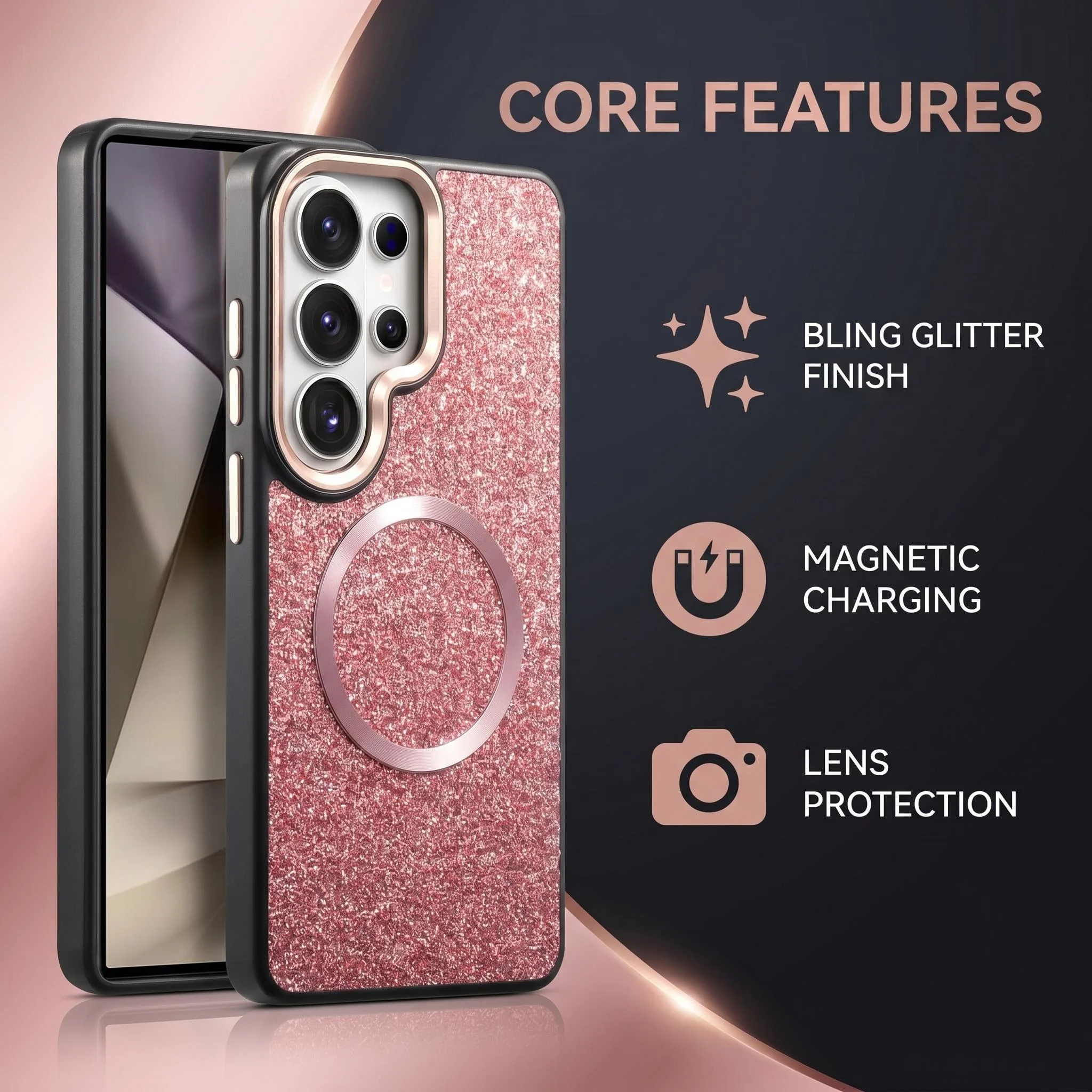 Glitter Cover, Metal Camera Frame, Full Lens Protection, Magsafe Wireless Charging For Samsung Galaxy S24 S25/s25ultra S26 Ultra