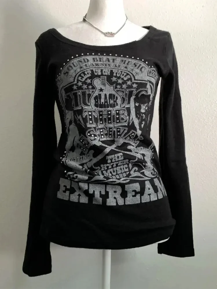 Jmprs Harajuku Gothic Black T Shirts Women Long Sleeve Vintage Y2K Tops Dark Academic Female Casual O Neck Slim American Tees