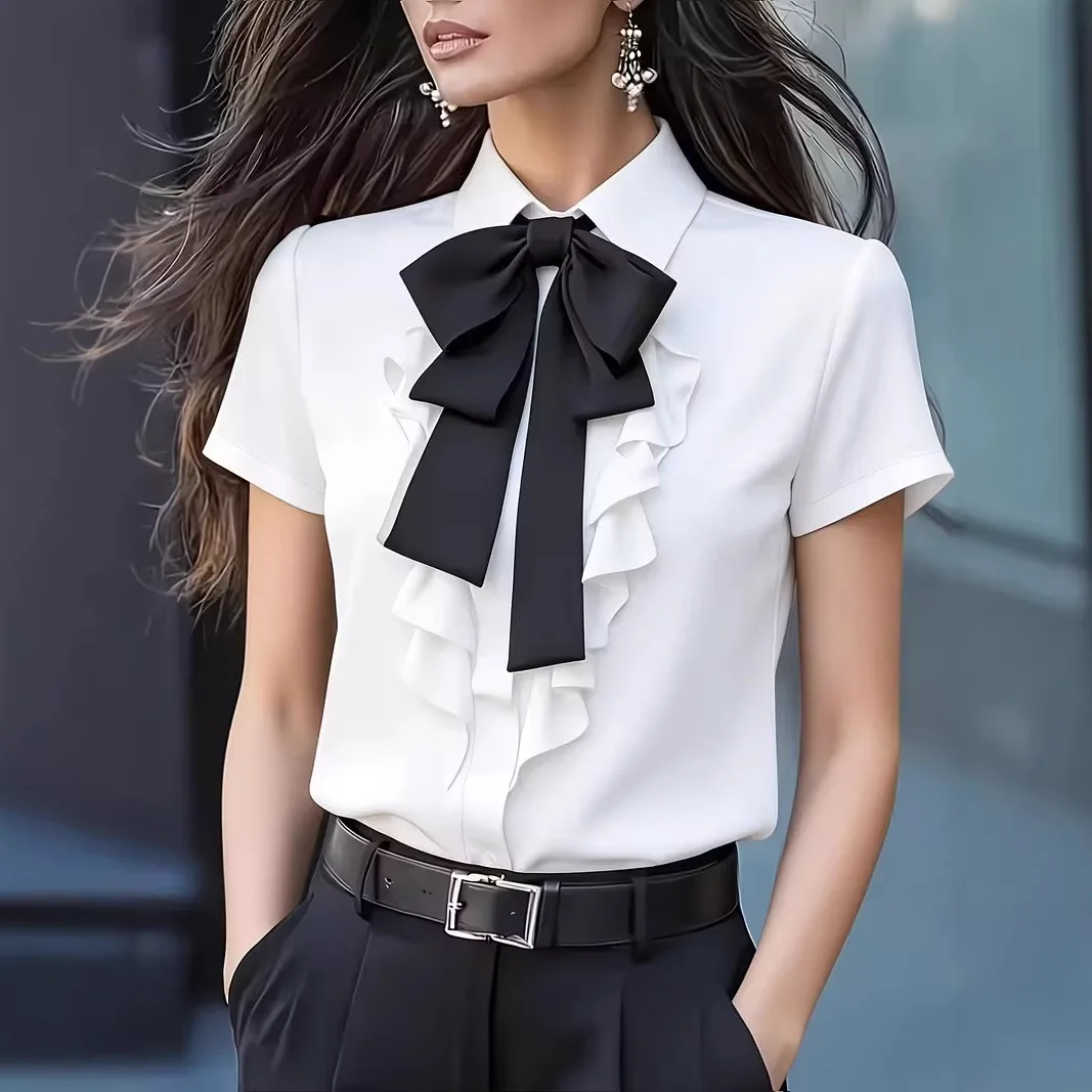 Chemise à manches courtes pour femme avec grand nœud et volants en cascade, col élégant, idéale pour le quotidien