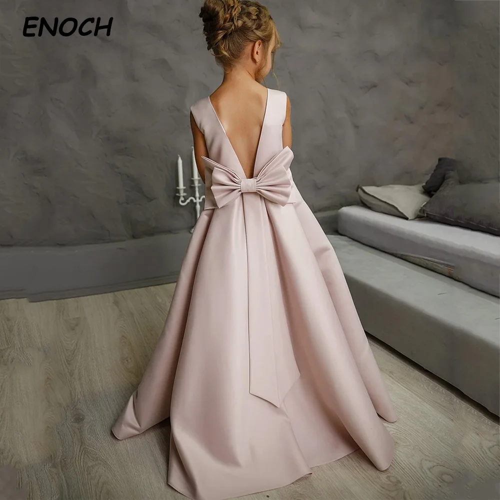 ENOCH Simple O-Neck Flower Girl Dress With Pockets Sleeveless V-Back BOW Floor Length A-Line Birthday Wedding Princess Gown New