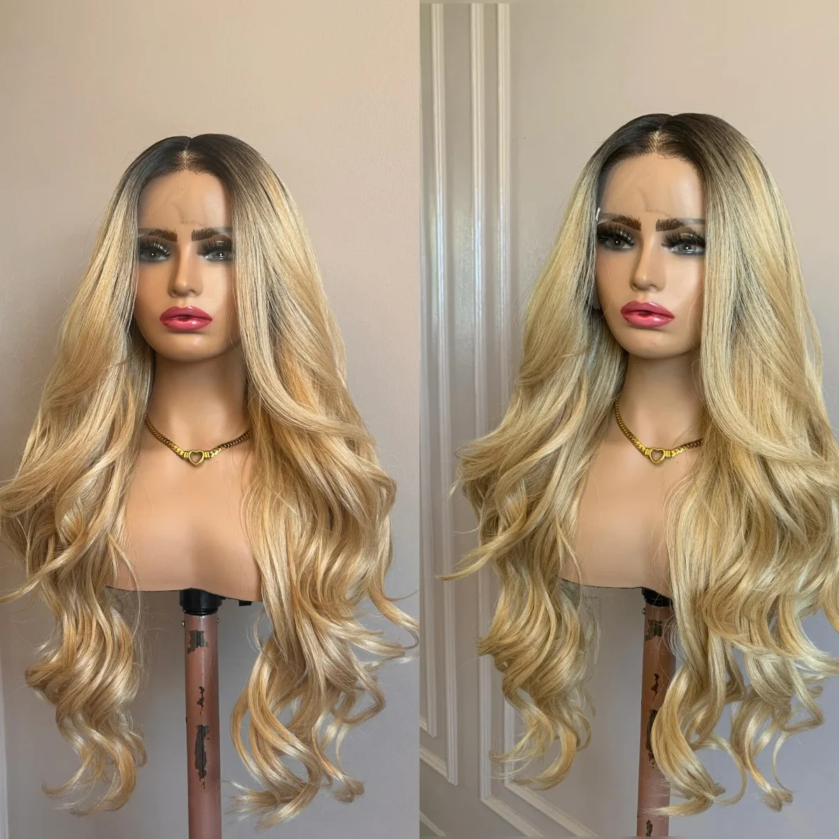 

28 Inches Golden Blonde Shadow Roots Synthetic Lace Frontal Wigs Long Length Loose Wave Realistic Look Natural Hairline Wigs