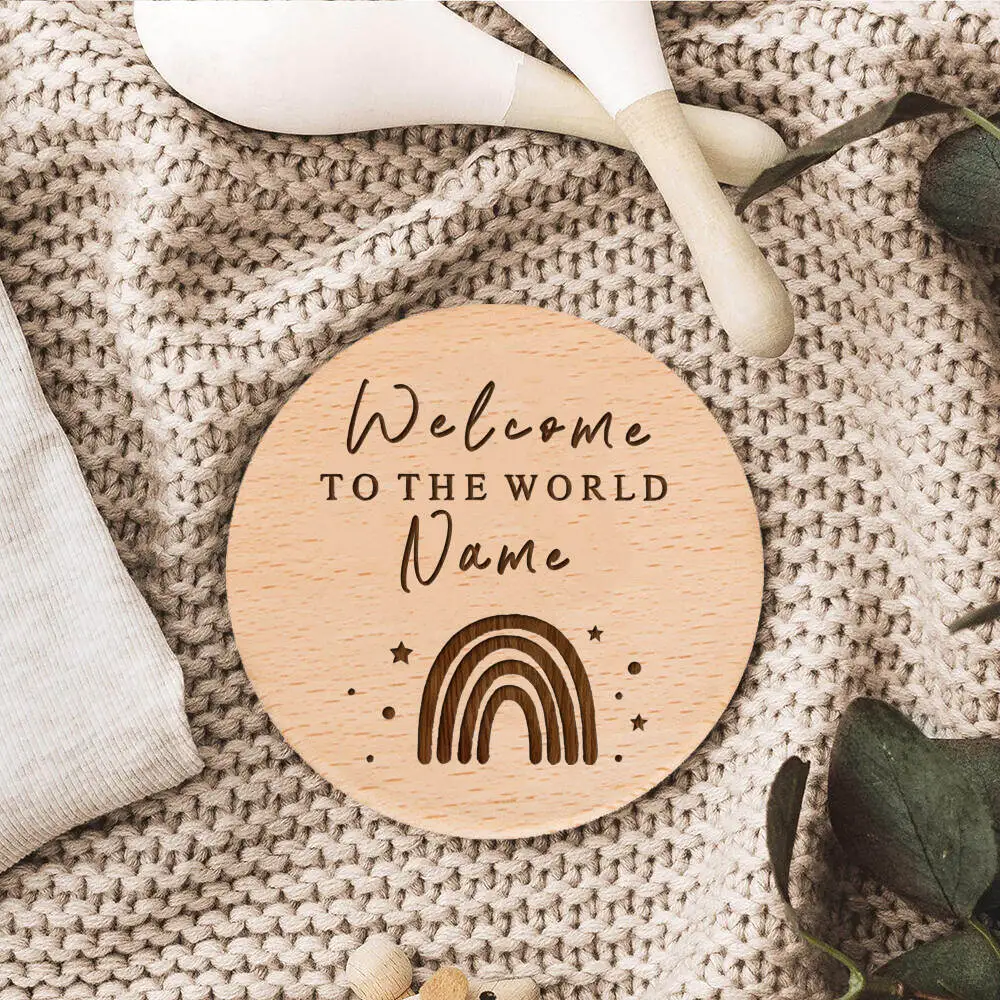 

Rainbow Baby Arrival Sign Welcome To The World Sign Engraved Baby Name Plaque Wooden Birth Gift Social Media Photo Prop Disc