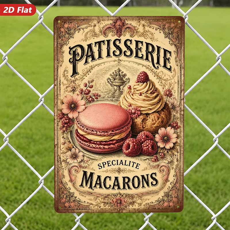 2D Flat, 1pc Metal Sign Wall Art, Vintage-Style Patisserie Decorative Painting, Macaron And Pastry Art Elements, Home Decor,
