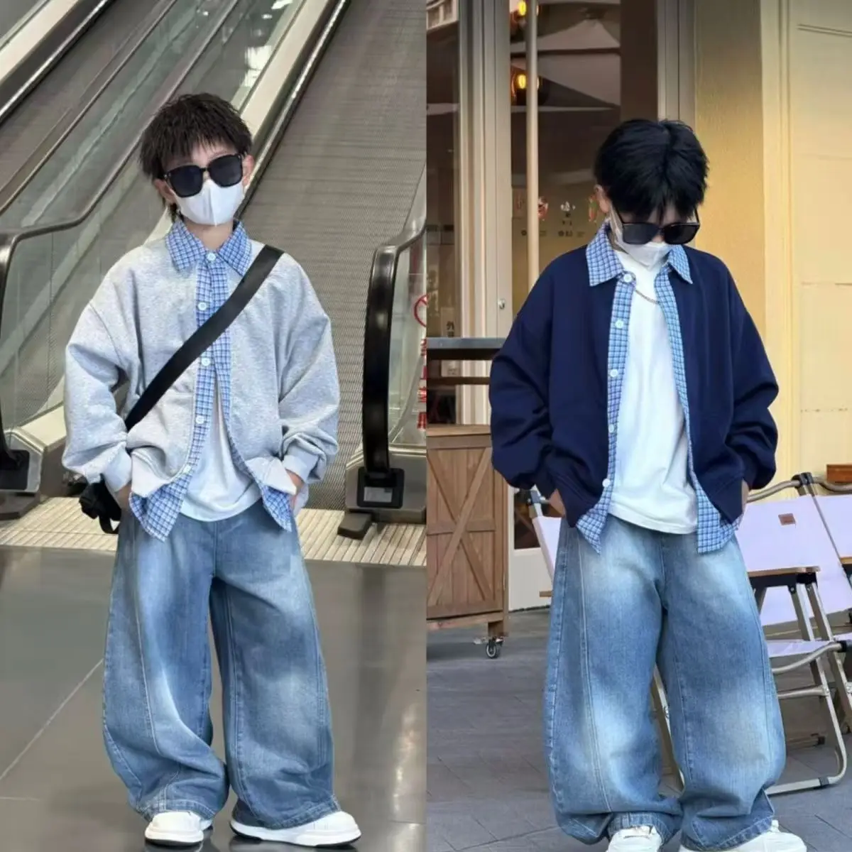 Children's Autumn Fake Two-piece Jacket Casual Layered Top For Adults Boys' Curved Knife Jeans Two-piece Set Trendy