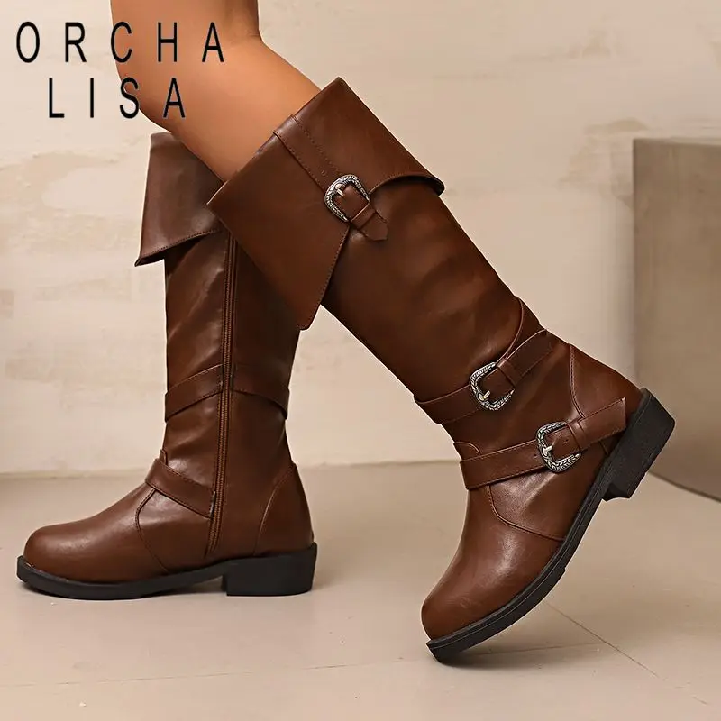 

ORCHA LISA Design Women's Knee High Boots 3cm Thick Bottom Zipper Belt Buckles Round Toe Big Size 46-47 Daily Knight Winter Bota