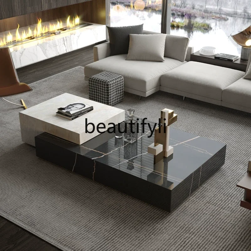 

Natural marble coffee table living room modern light luxury Italian high-end coffee table rectangle