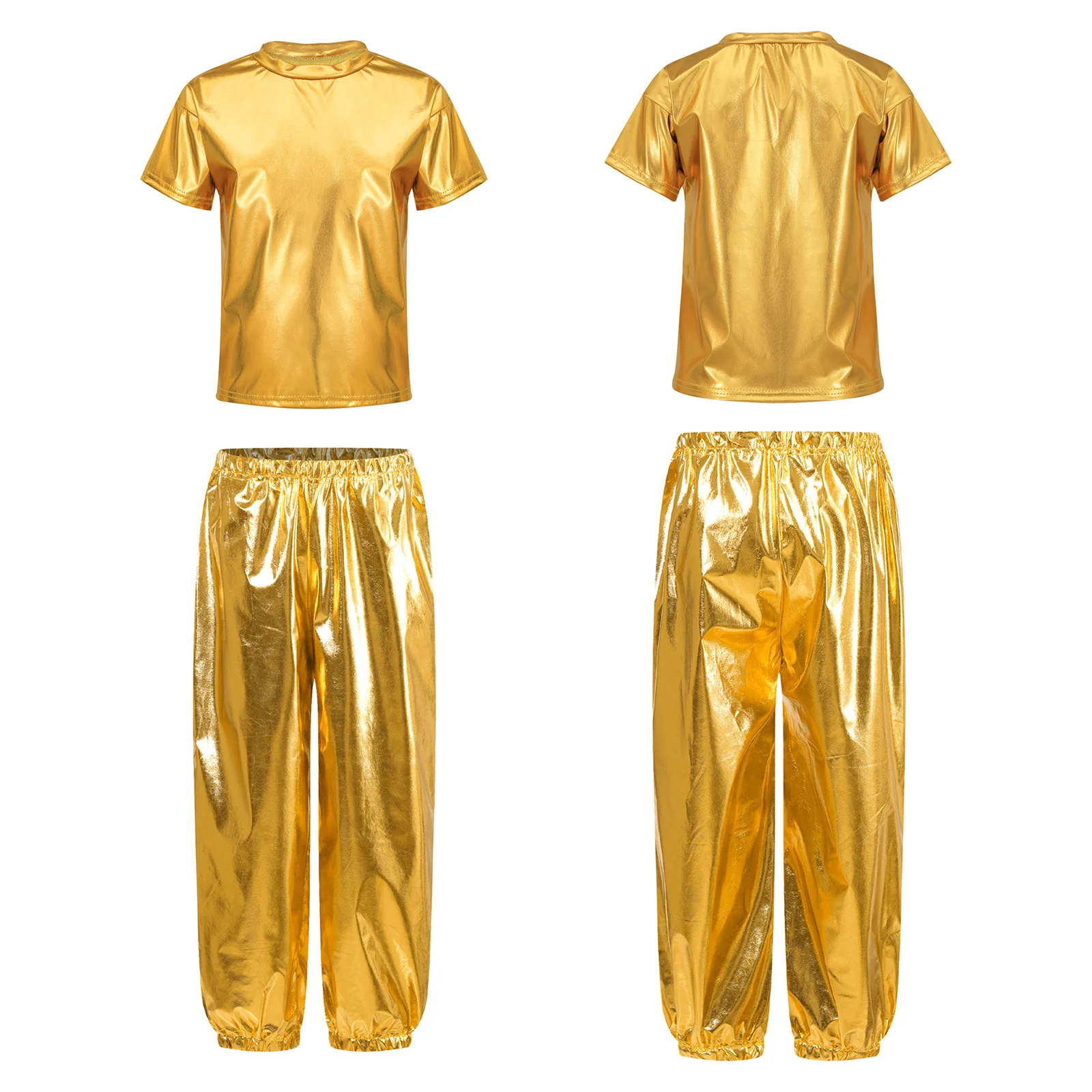 

Unisex Kids Girls Boys Shiny Dance Sets Short Sleeve Round Neck Metallic Shiny T-shirt with Pants Set for School Stage Costumes